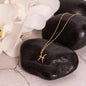 gold pisces necklace displayed on top of 2 large stones