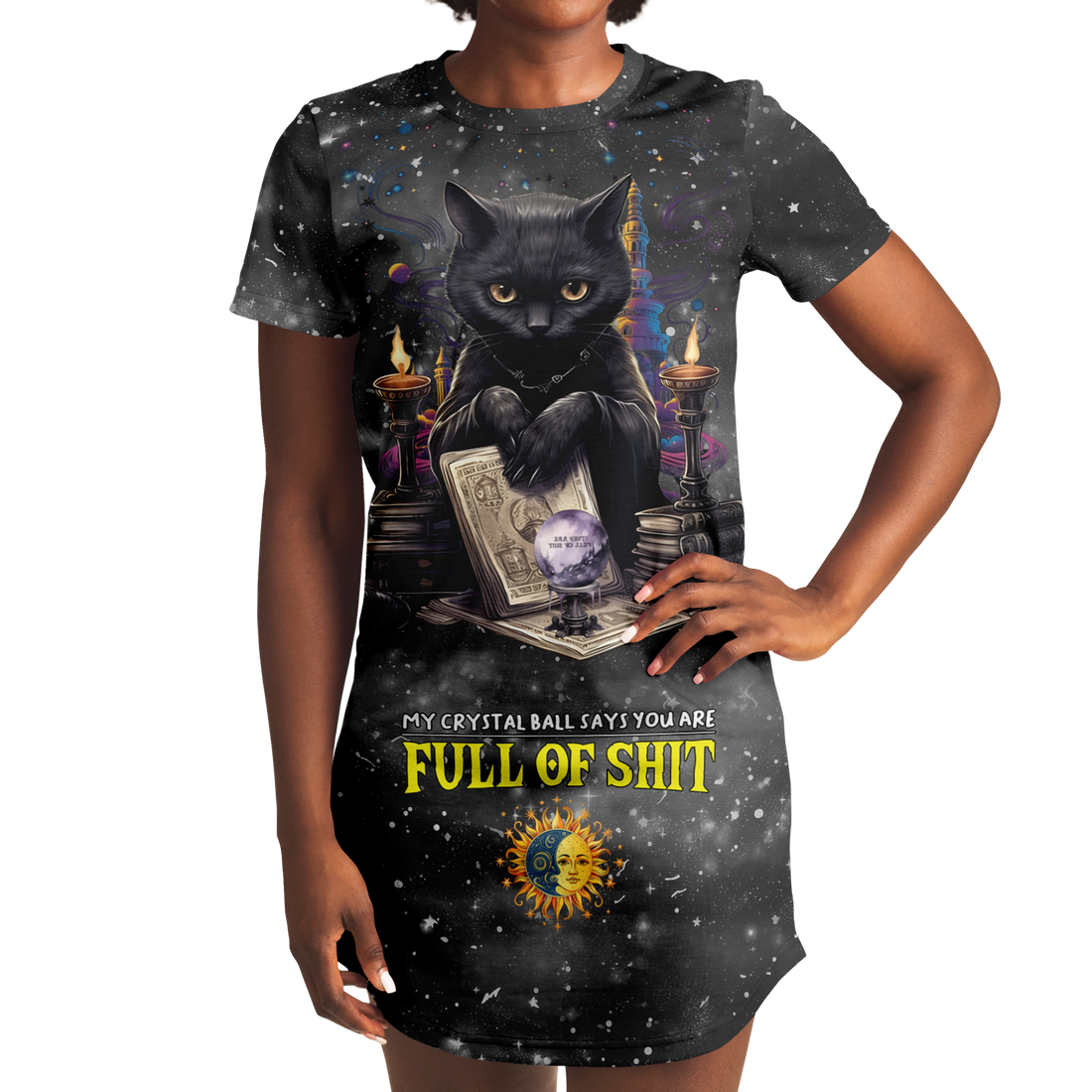 Fortune Teller Funny Black Cat T-Shirt Dress