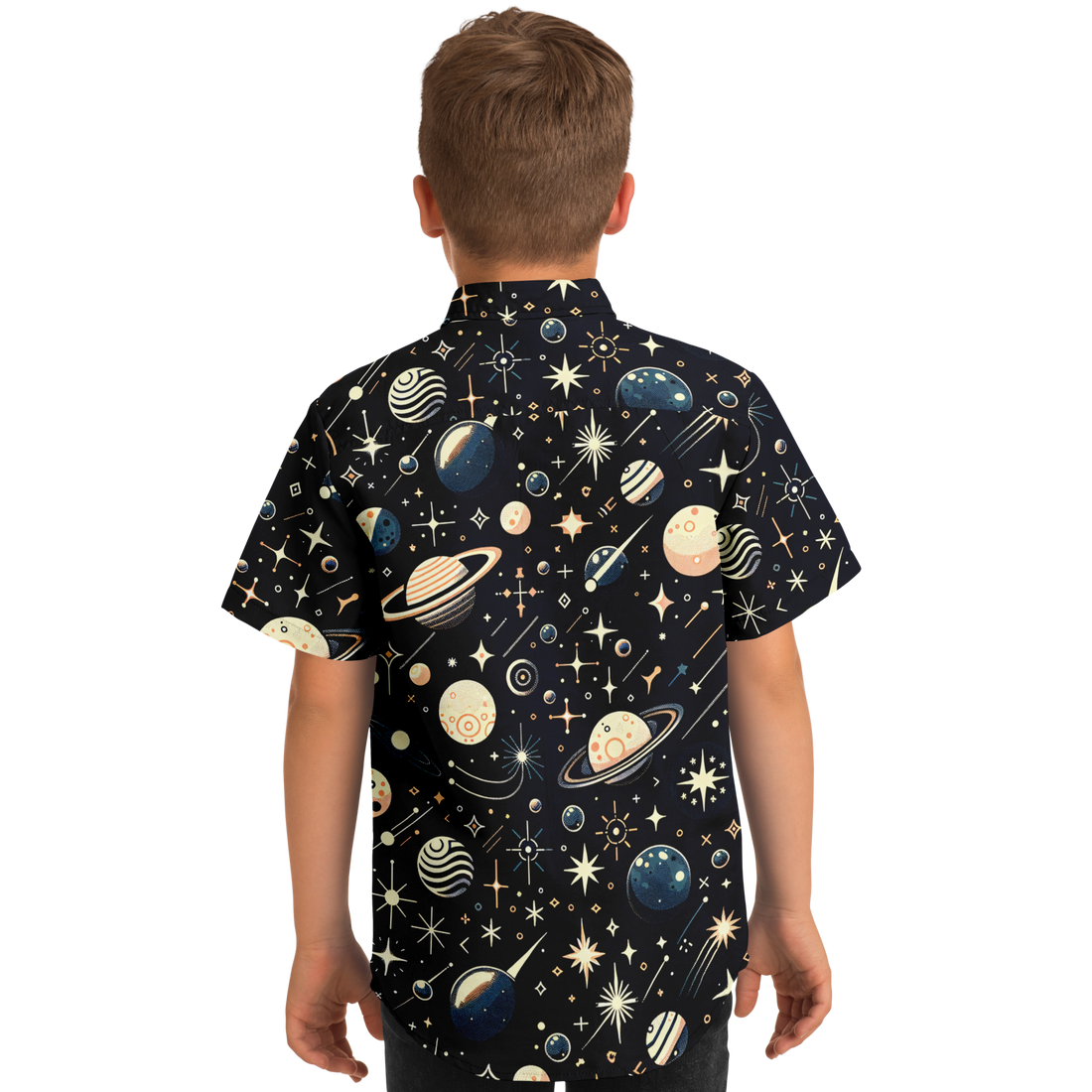 Minimalistic Space Kids/Youth Short Sleeve Button Down Shirt - AOP