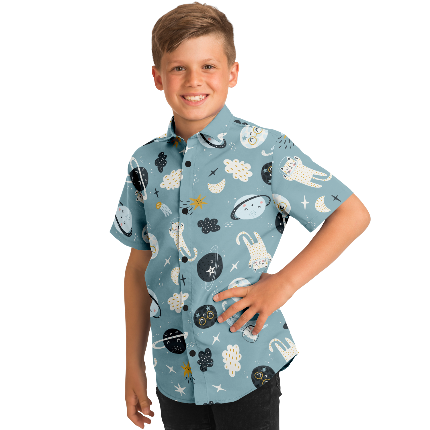 Space Cats Kids Light Blue Short Sleeve Button Down Shirt