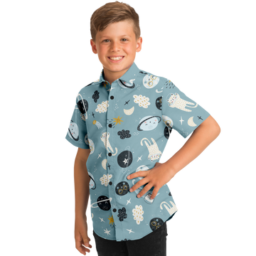 Space Cats Kids Light Blue Short Sleeve Button Down Shirt