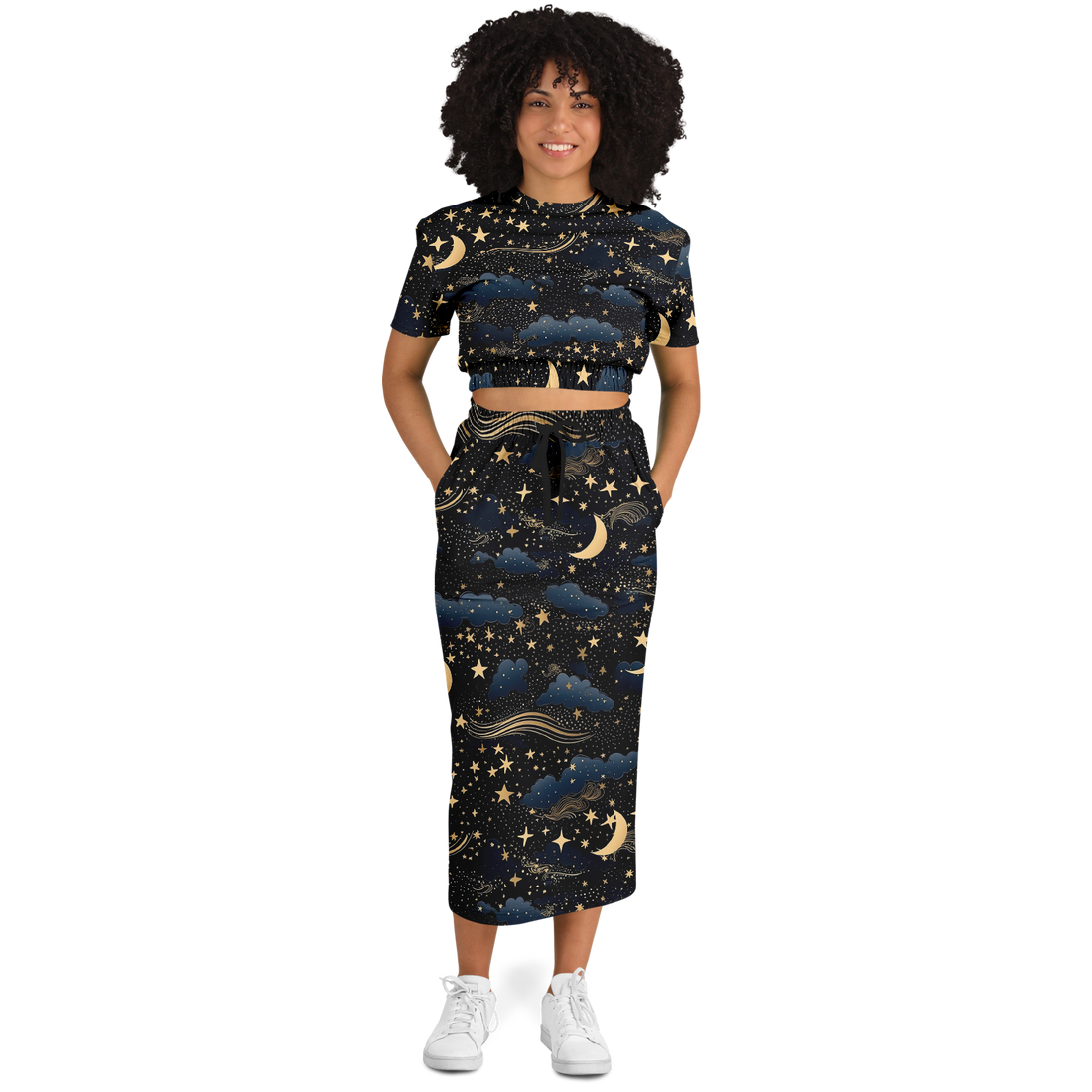 Celestial Night Stars Fashion Cropped Short Sleeve Sweatshirt and Long Pocket Skirt Set