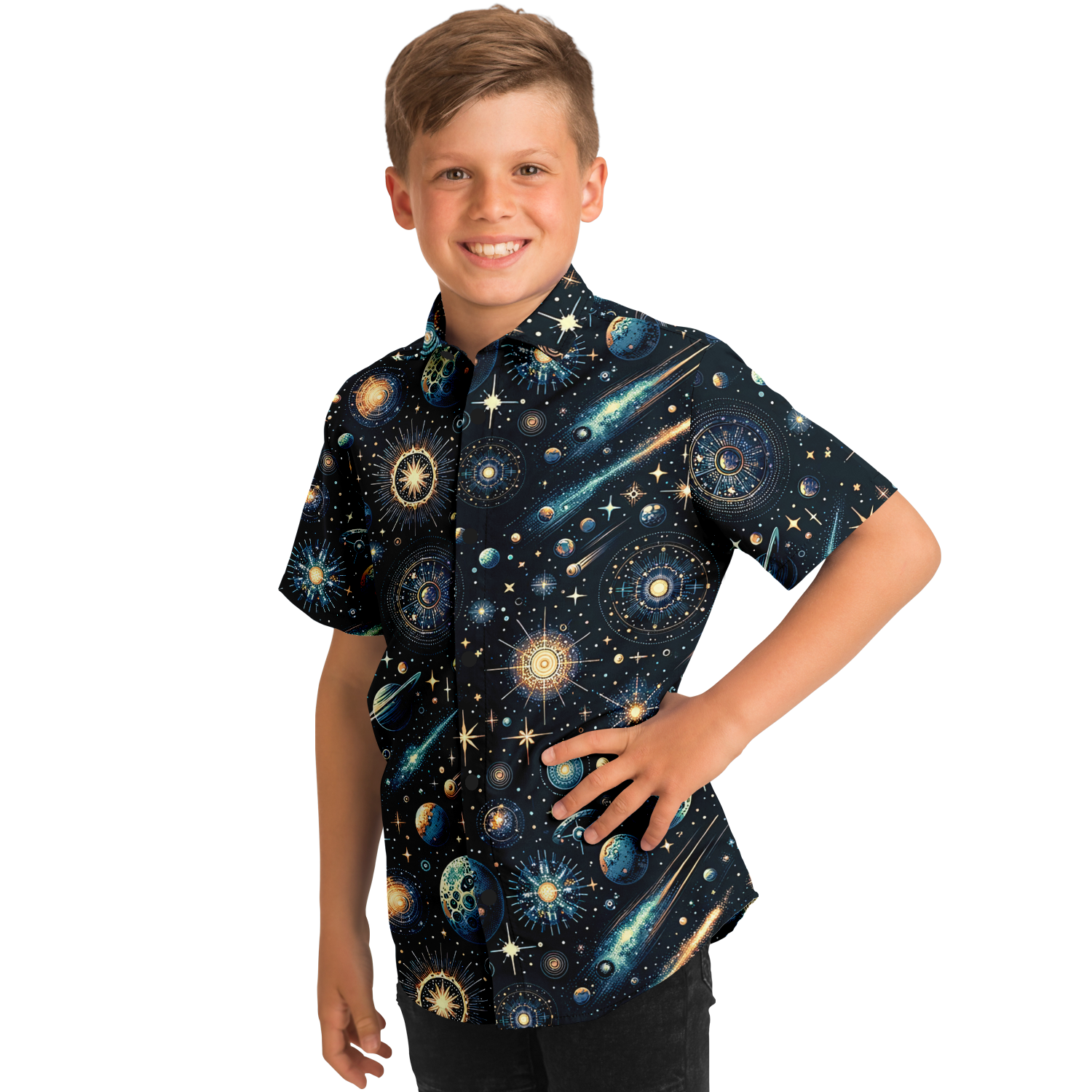 Futuristic Space Kids/Youth Short Sleeve Button Down Shirt