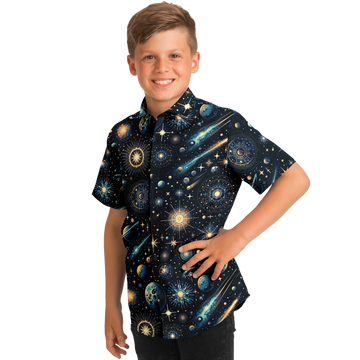 Futuristic Space Kids/Youth Short Sleeve Button Down Shirt