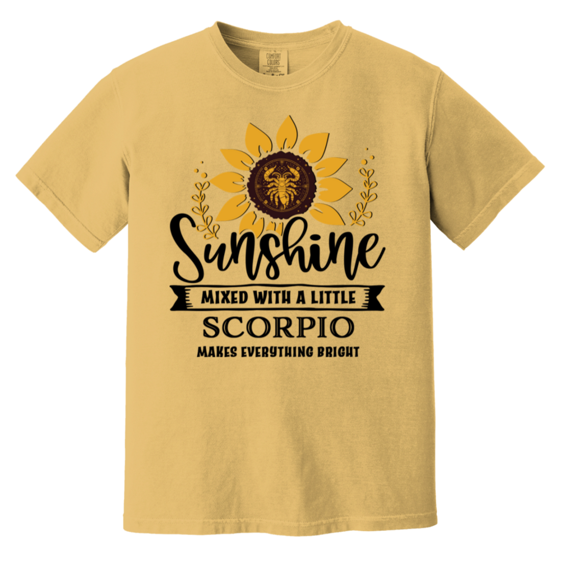 model wearing a mustard Scorpio Zodiac T Shirt Sunflower Spark Tee