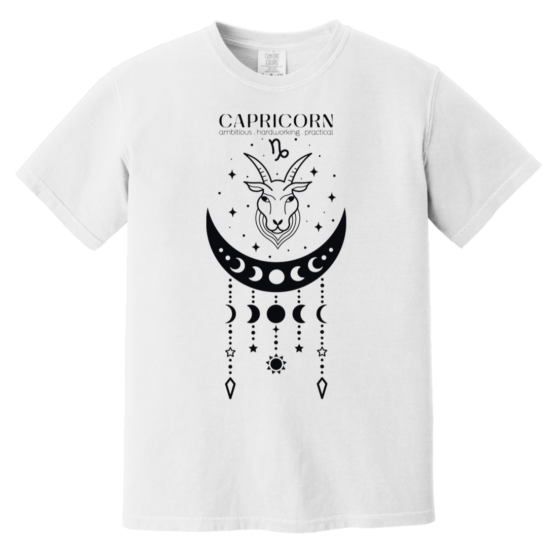 model wearing a white Capricorn Zodiac Sign Shirt: Astrological Elegance