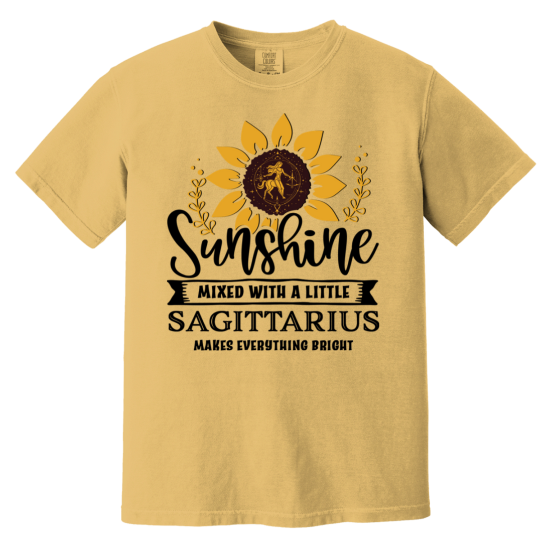 model wearing a mustard Sagittarius Astrology Shirt