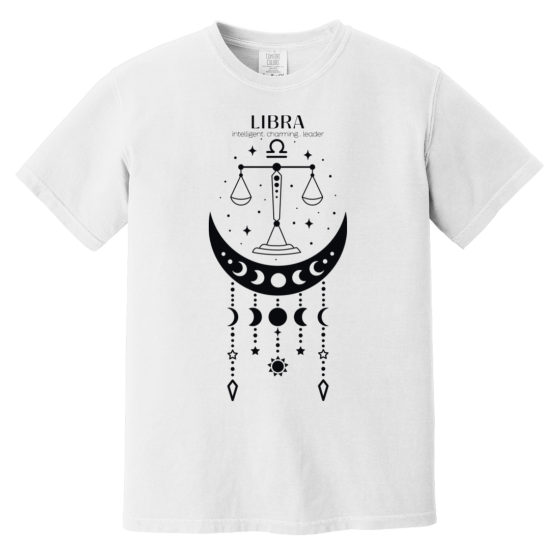 model wearing a white Libra Shirt Balance & Brilliance Tee