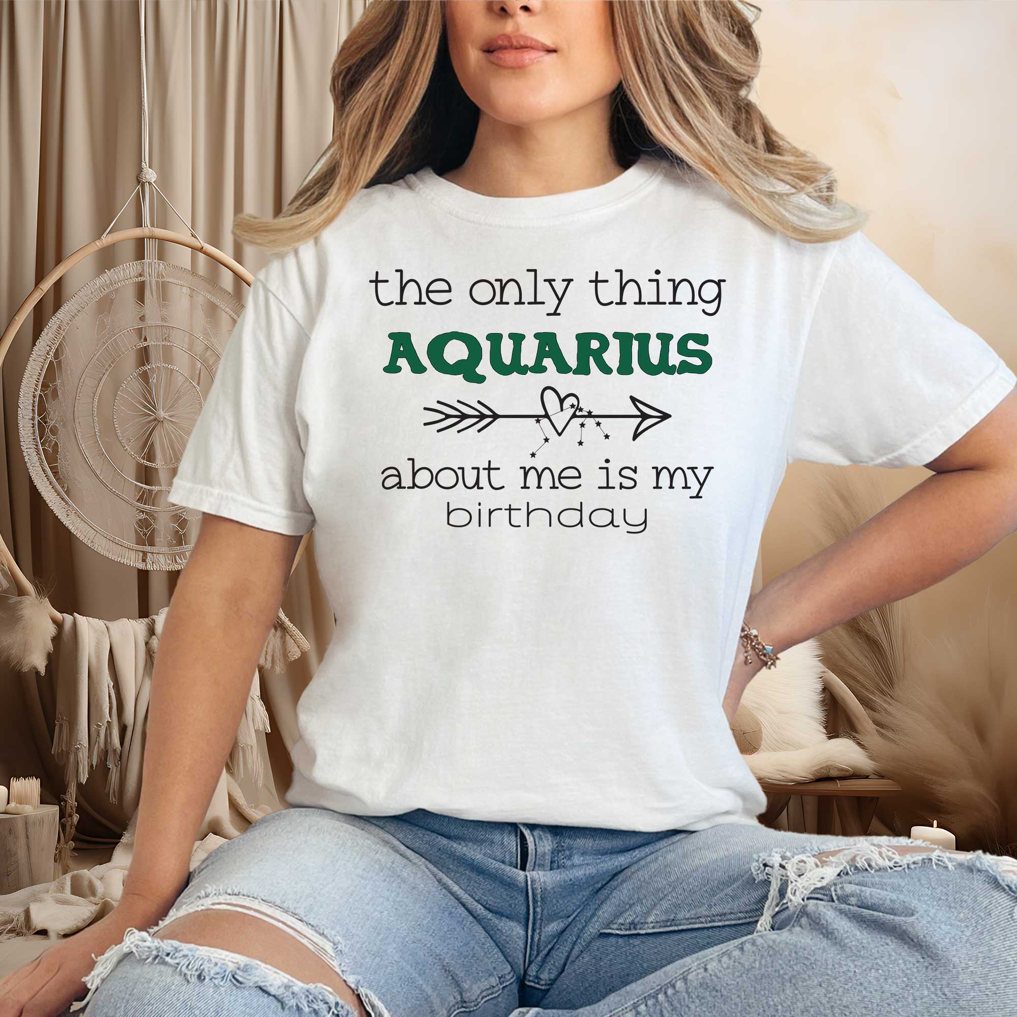 model wearing a white Aquarius T Shirt 