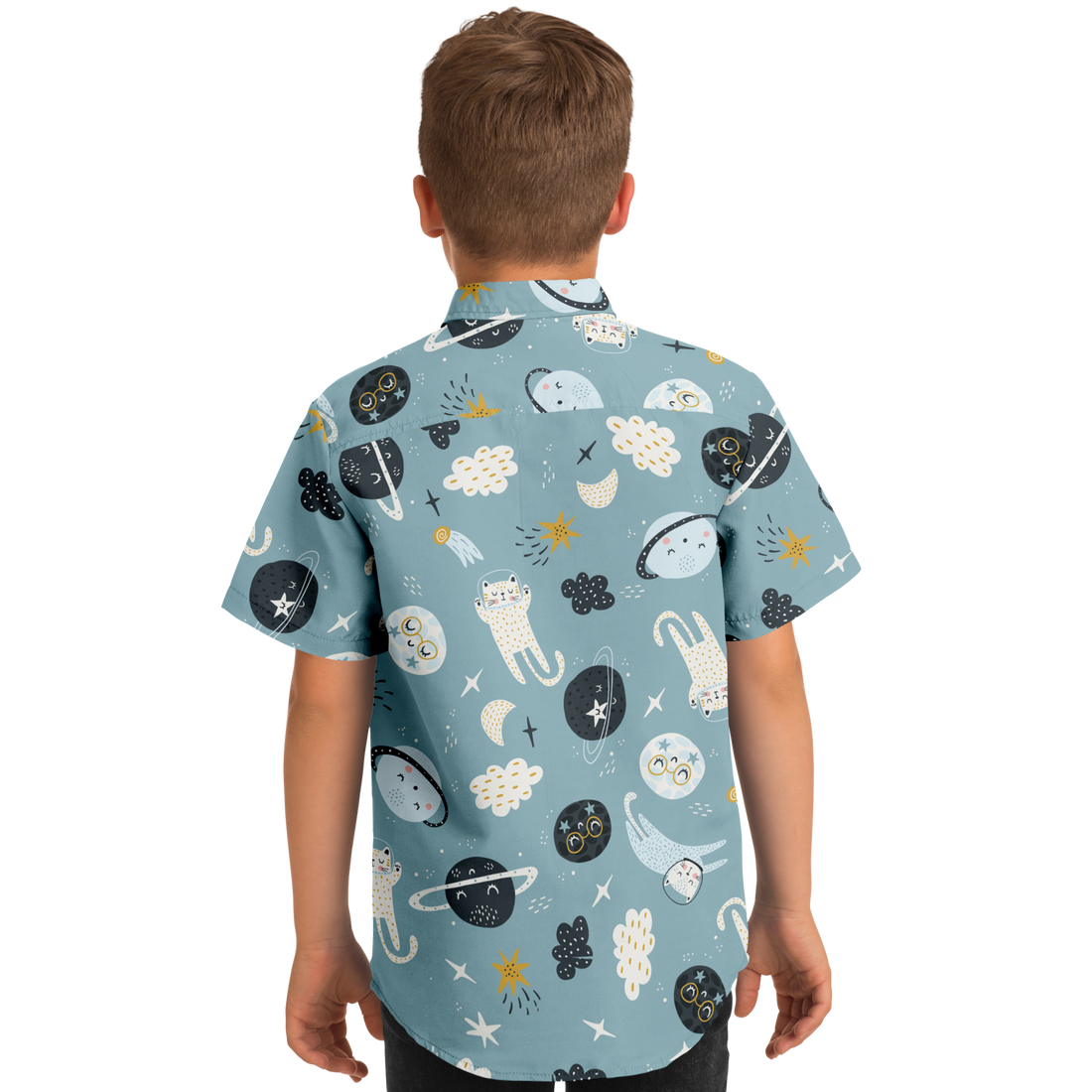 Space Cats Kids Light Blue Short Sleeve Button Down Shirt