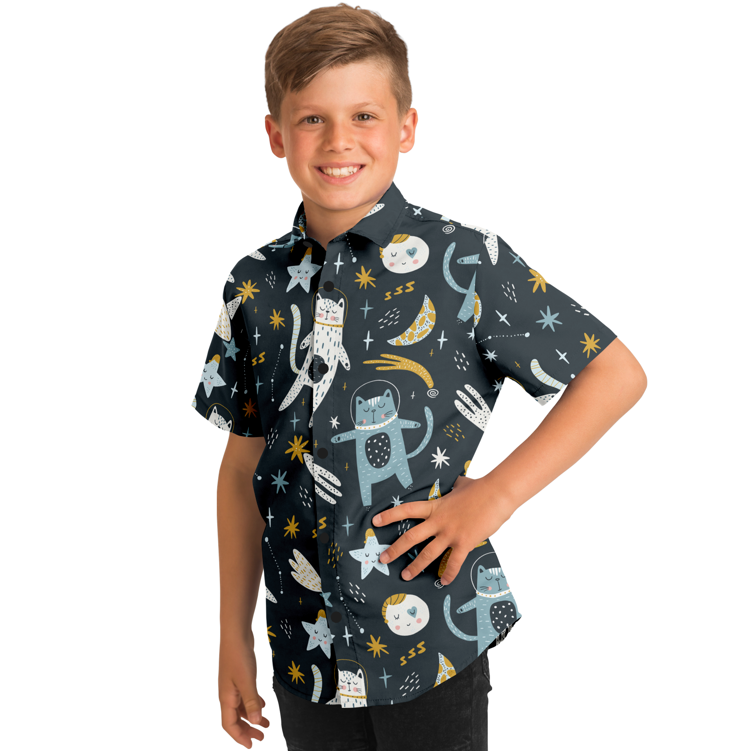 Space Cats Kids/Youth Short Sleeve Button Down Shirt