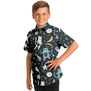 Space Cats Kids/Youth Short Sleeve Button Down Shirt