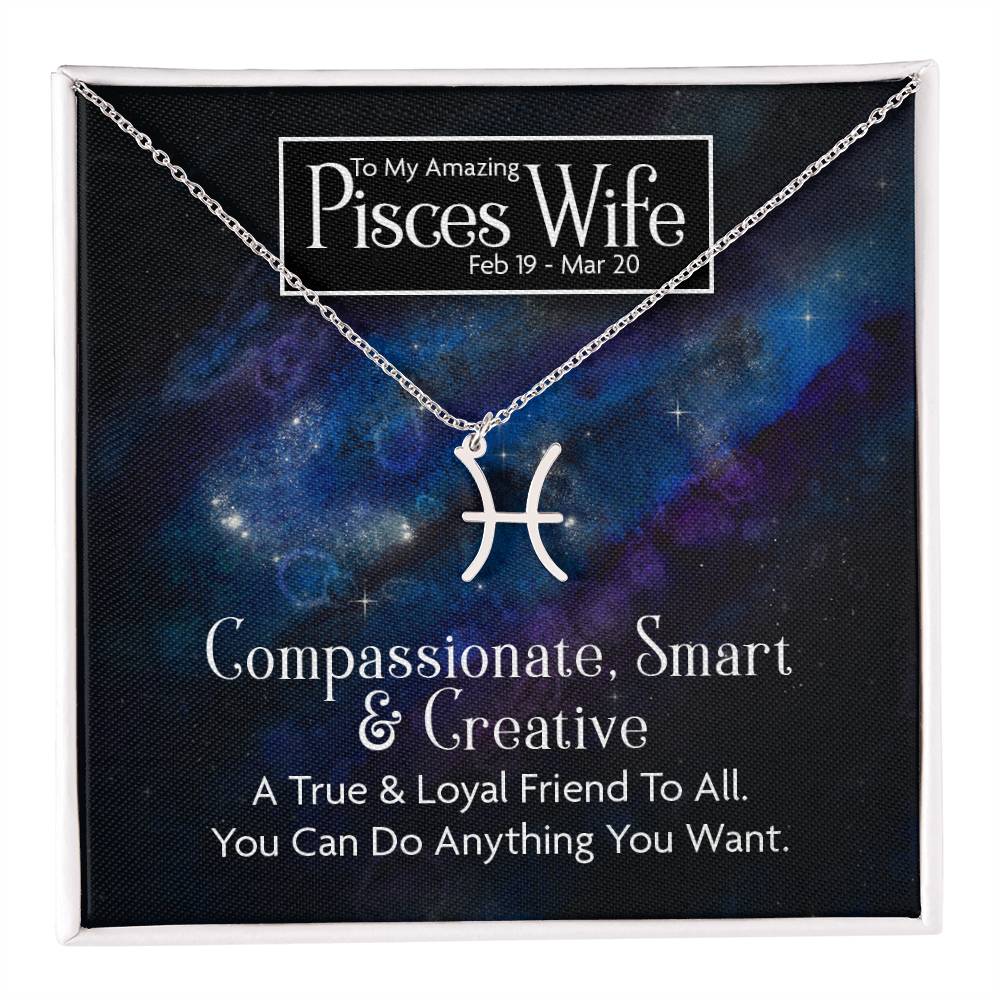 close up Pisces Wife Stainless Steel Necklace in a regular box