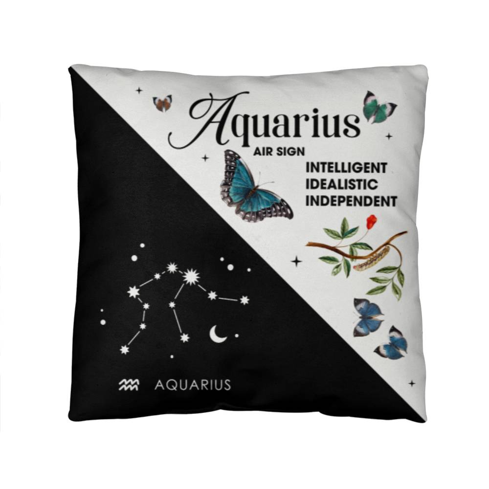 Aquarius Zodiac Black And White Throw Pillow front view close up