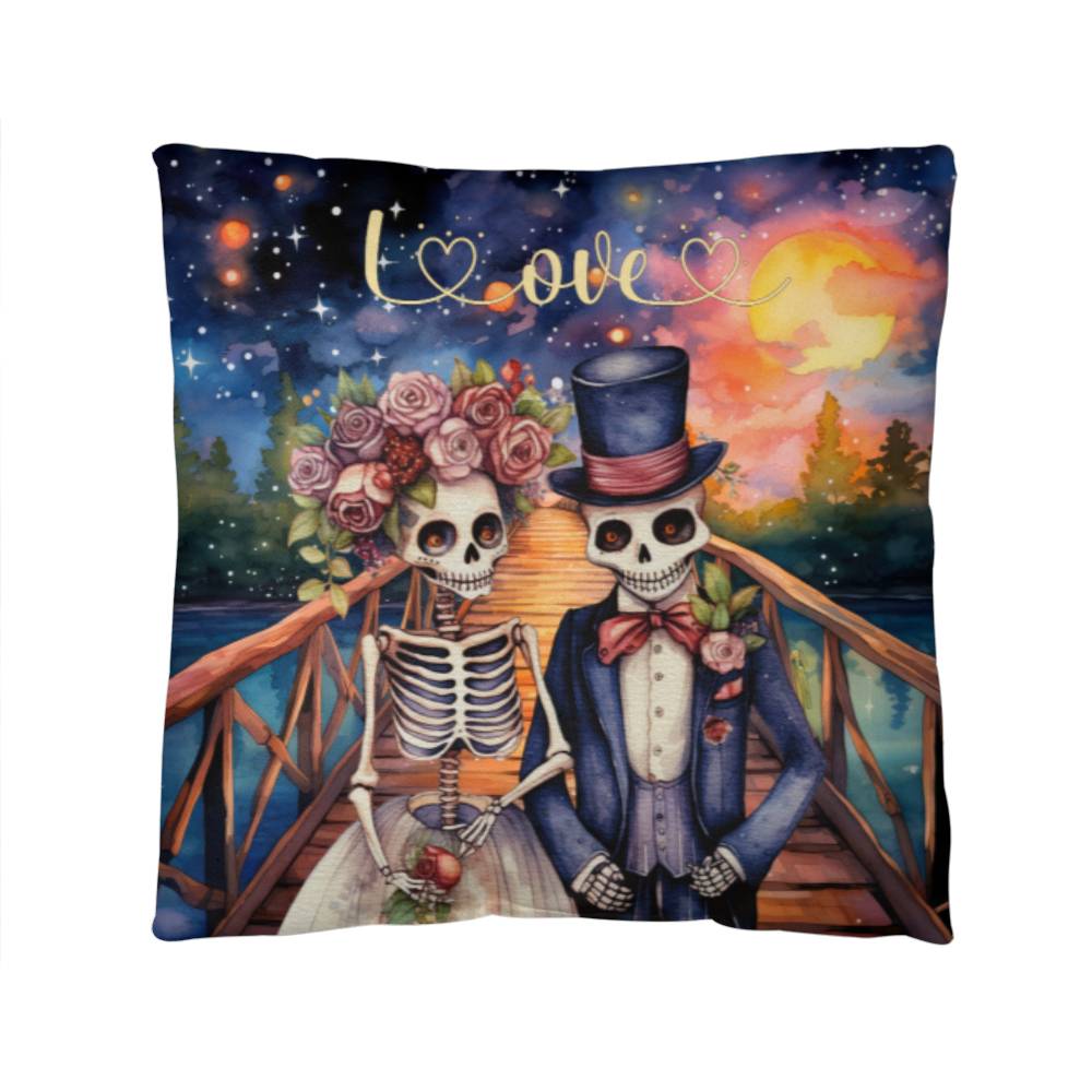 Gothic Style Skeleton Couple Throw Pillow front view up close