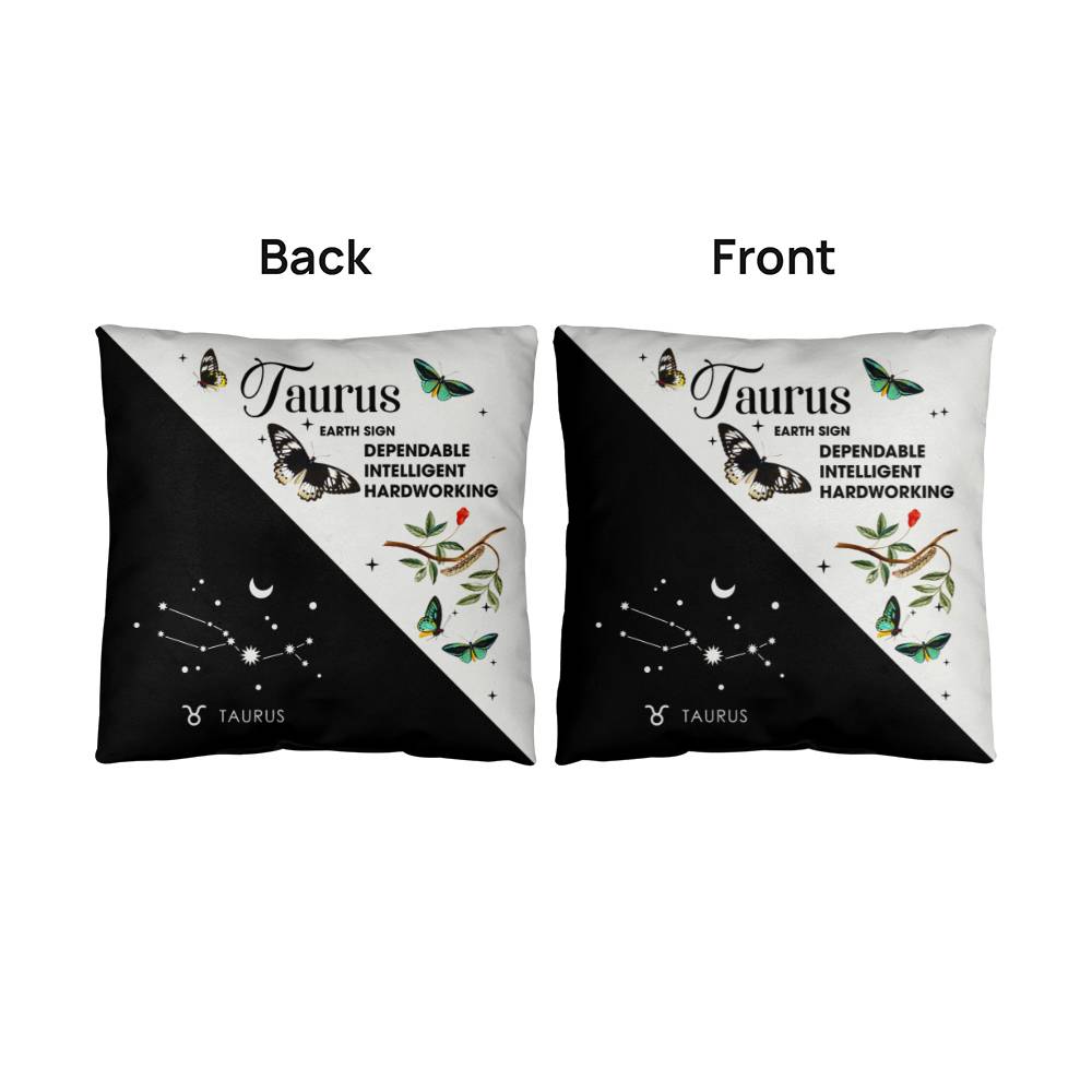 Taurus Zodiac Black And White Throw Pillow back and front view