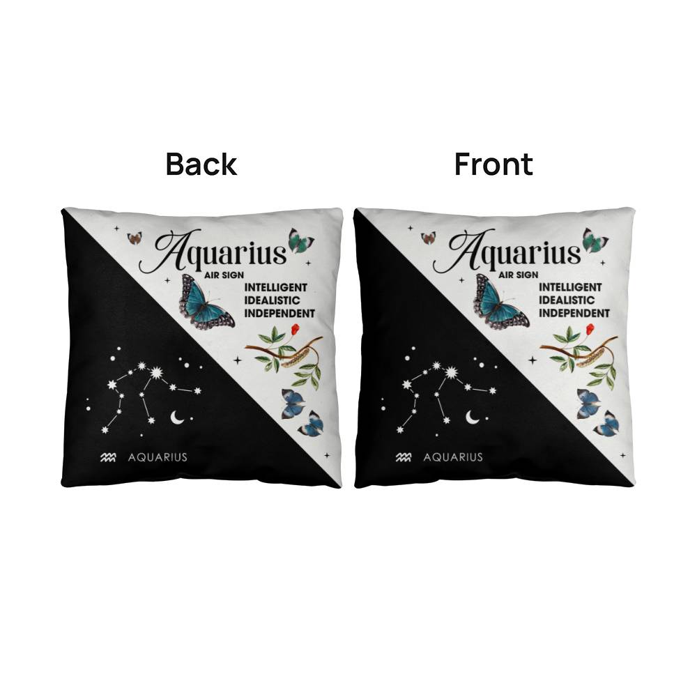 Aquarius Zodiac Black And White Throw Pillow front and back view