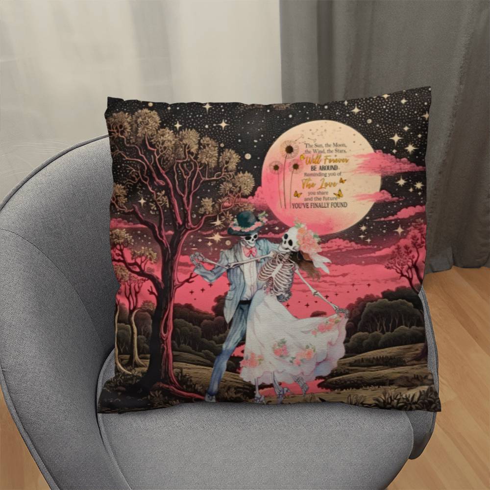 Whimsical Gothic Love Poem Pillow front view on chair