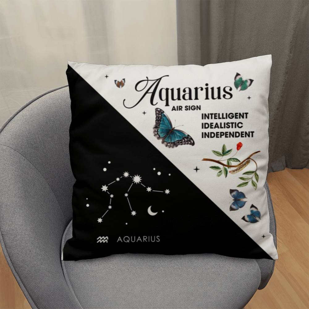 Aquarius Zodiac Black And White Throw Pillow front view on chair