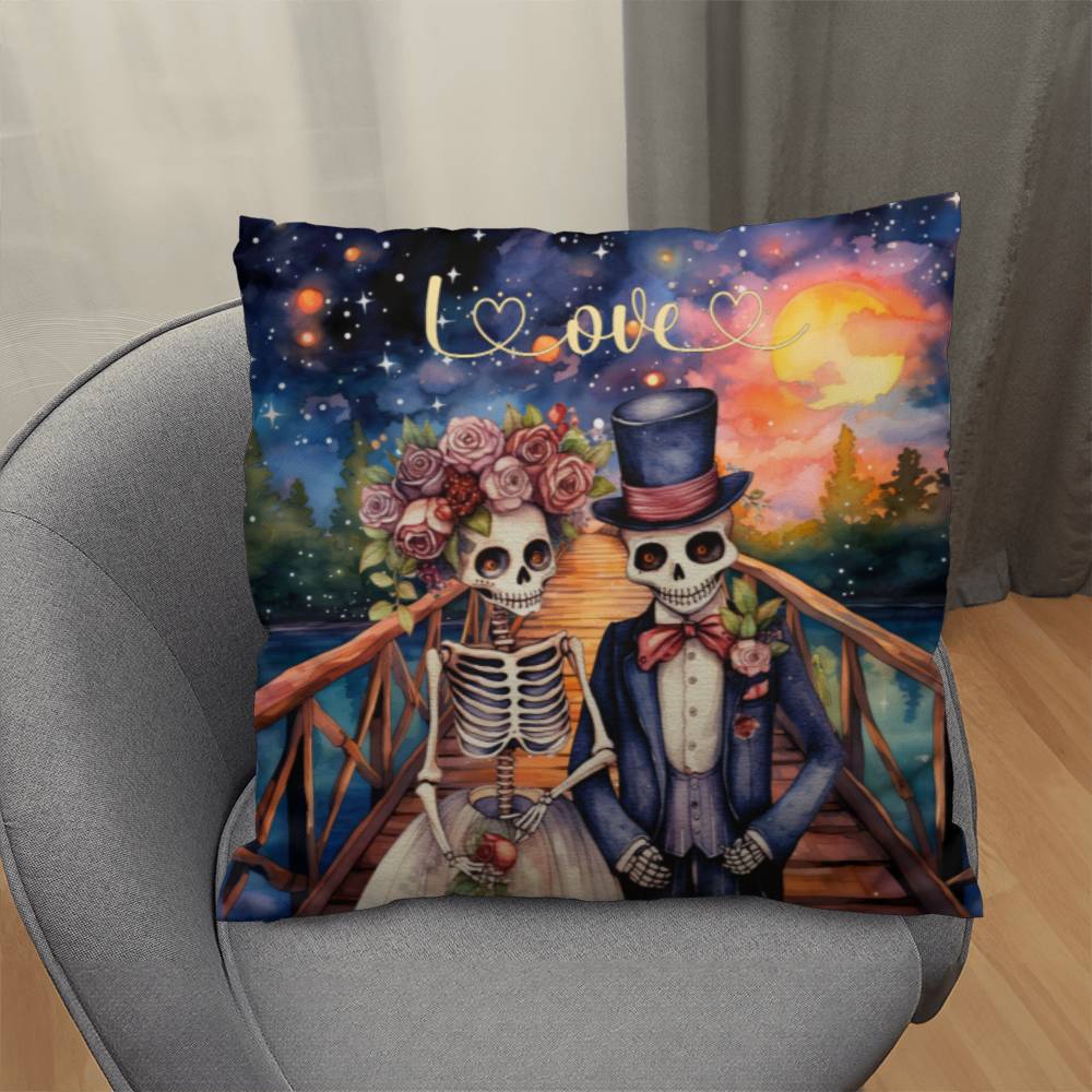 Gothic Style Skeleton Couple Throw Pillow front view on chair