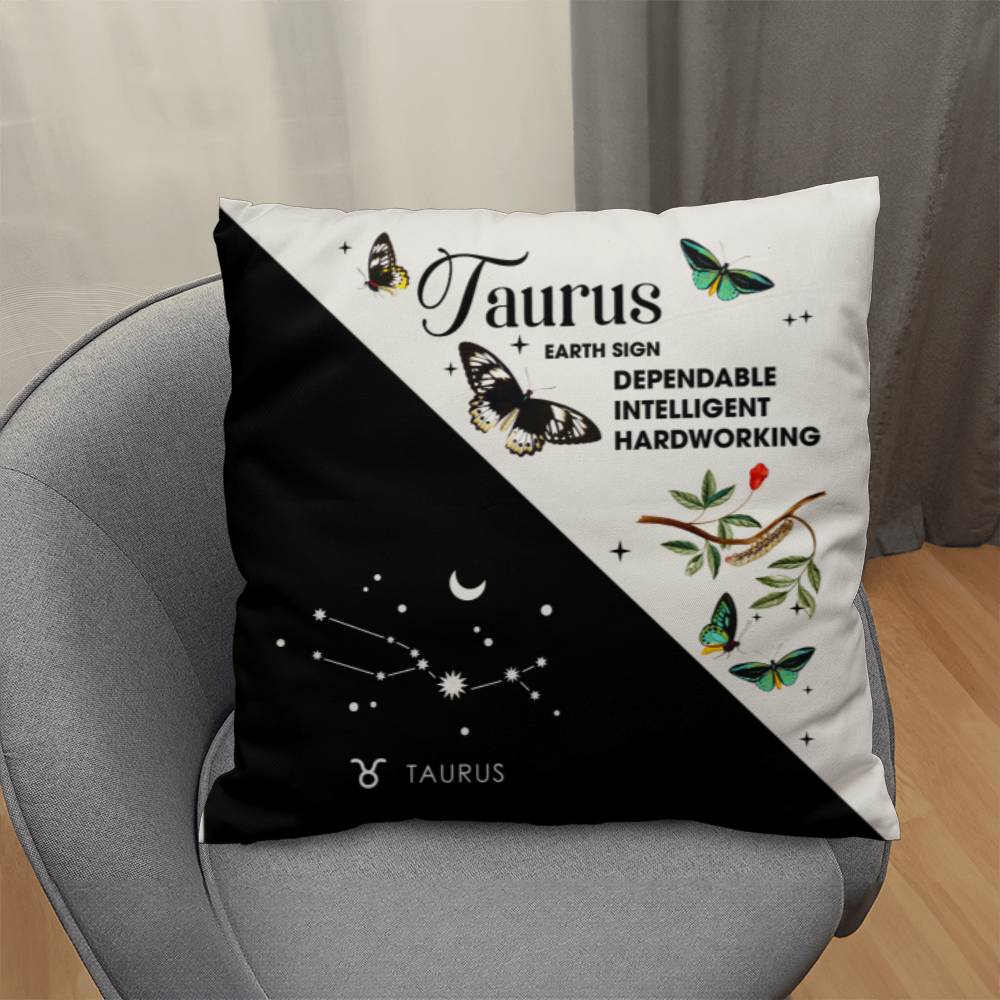 Taurus Zodiac Black And White Throw Pillow front view on chair