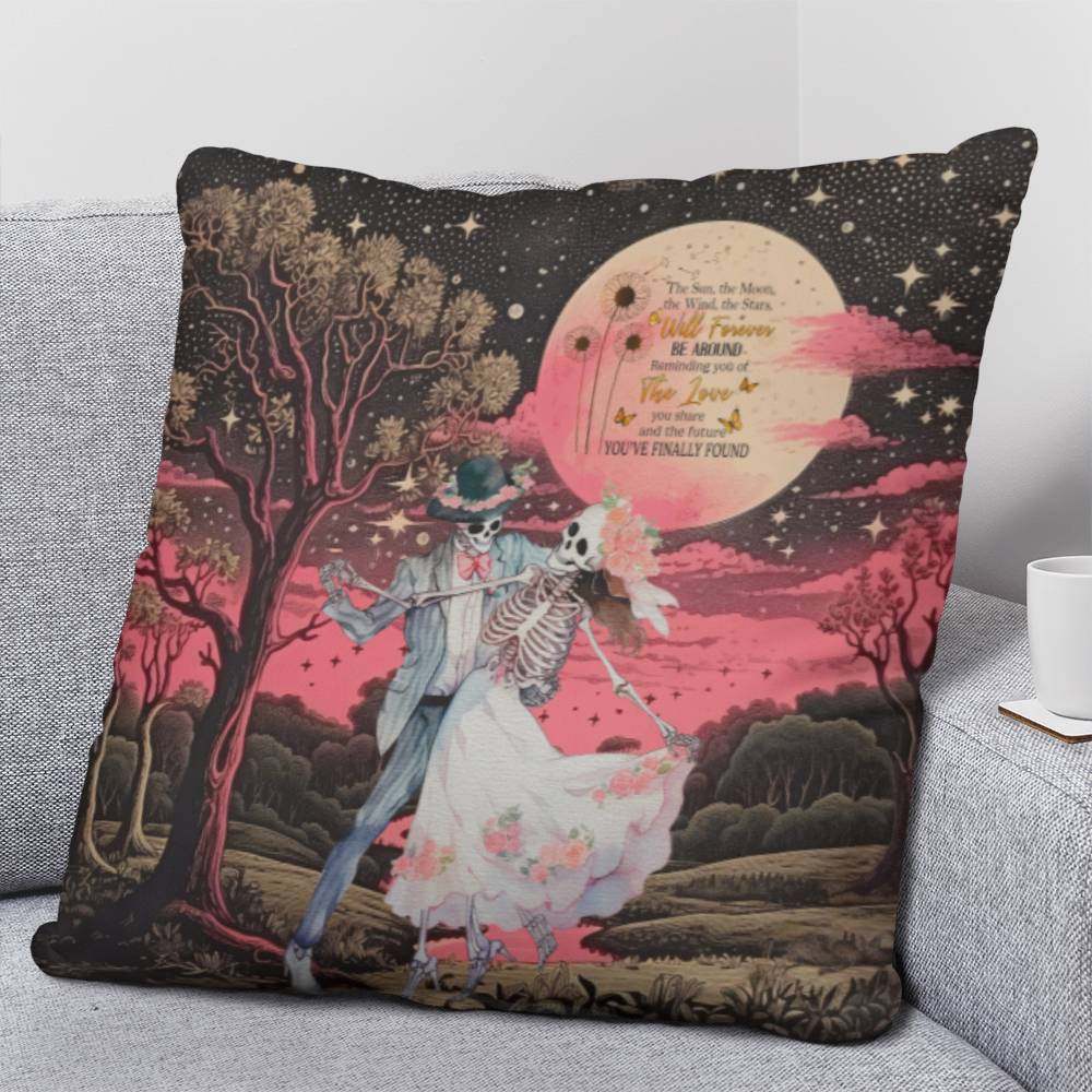 Whimsical Gothic Love Poem Pillow side view on couch