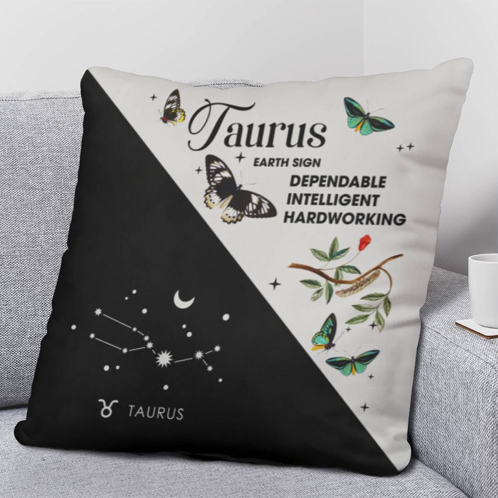 Taurus Zodiac Black And White Throw Pillow side view on couch