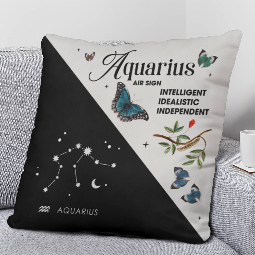 Aquarius Zodiac Black And White Throw Pillow side view on couch