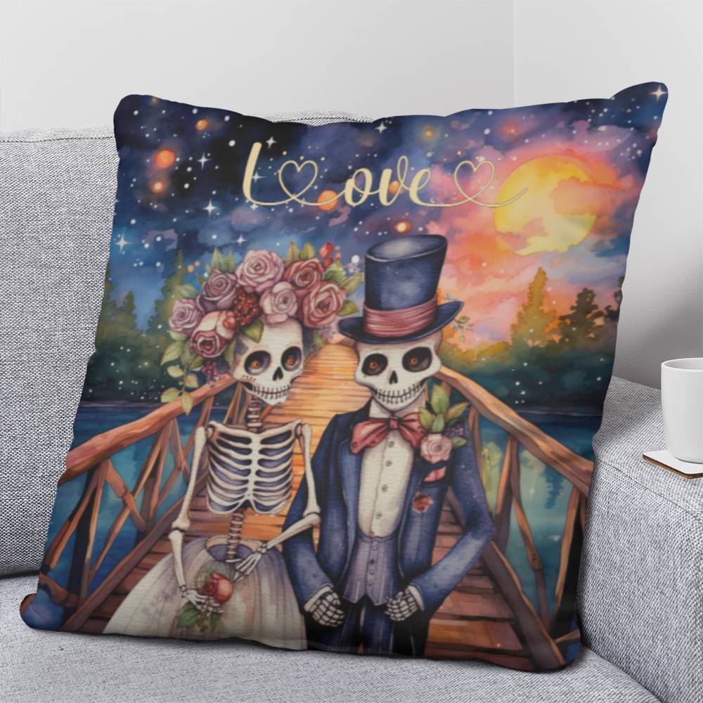 Gothic Style Skeleton Couple Throw Pillow side view on couch