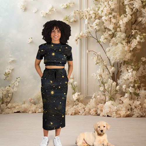 Celestial Nebula Fashion Cropped Short Sleeve Sweatshirt and Long Pocket Skirt Set