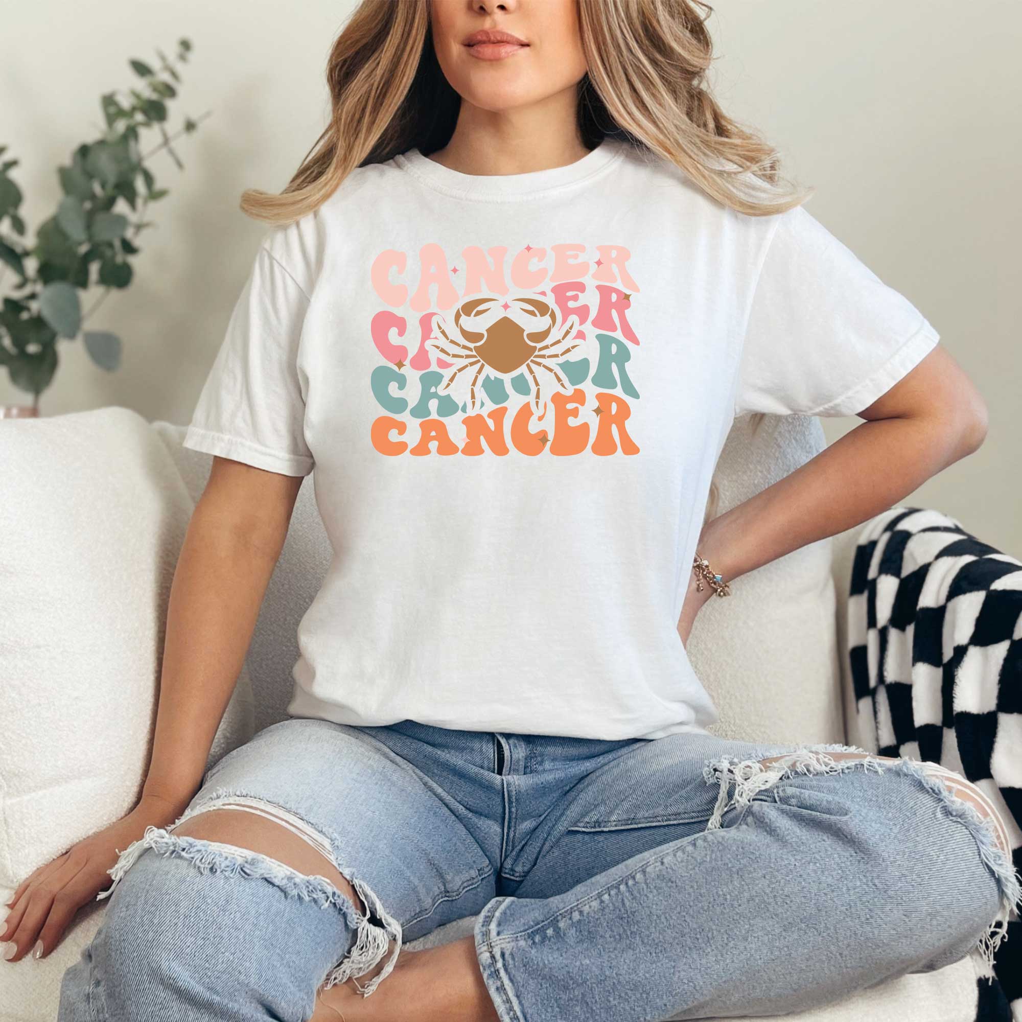 model wearing a white retro Cancer Astrology Shirt