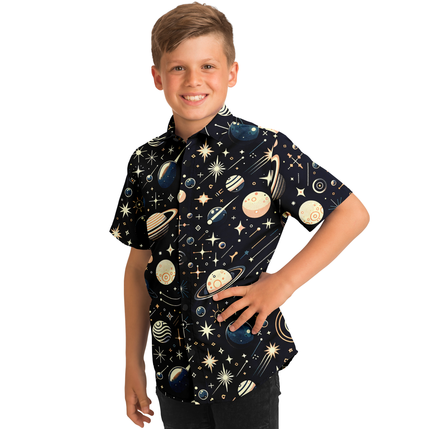 Minimalistic Space Kids/Youth Short Sleeve Button Down Shirt - AOP