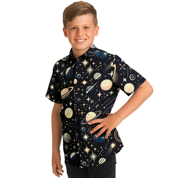 Minimalistic Space Kids/Youth Short Sleeve Button Down Shirt - AOP