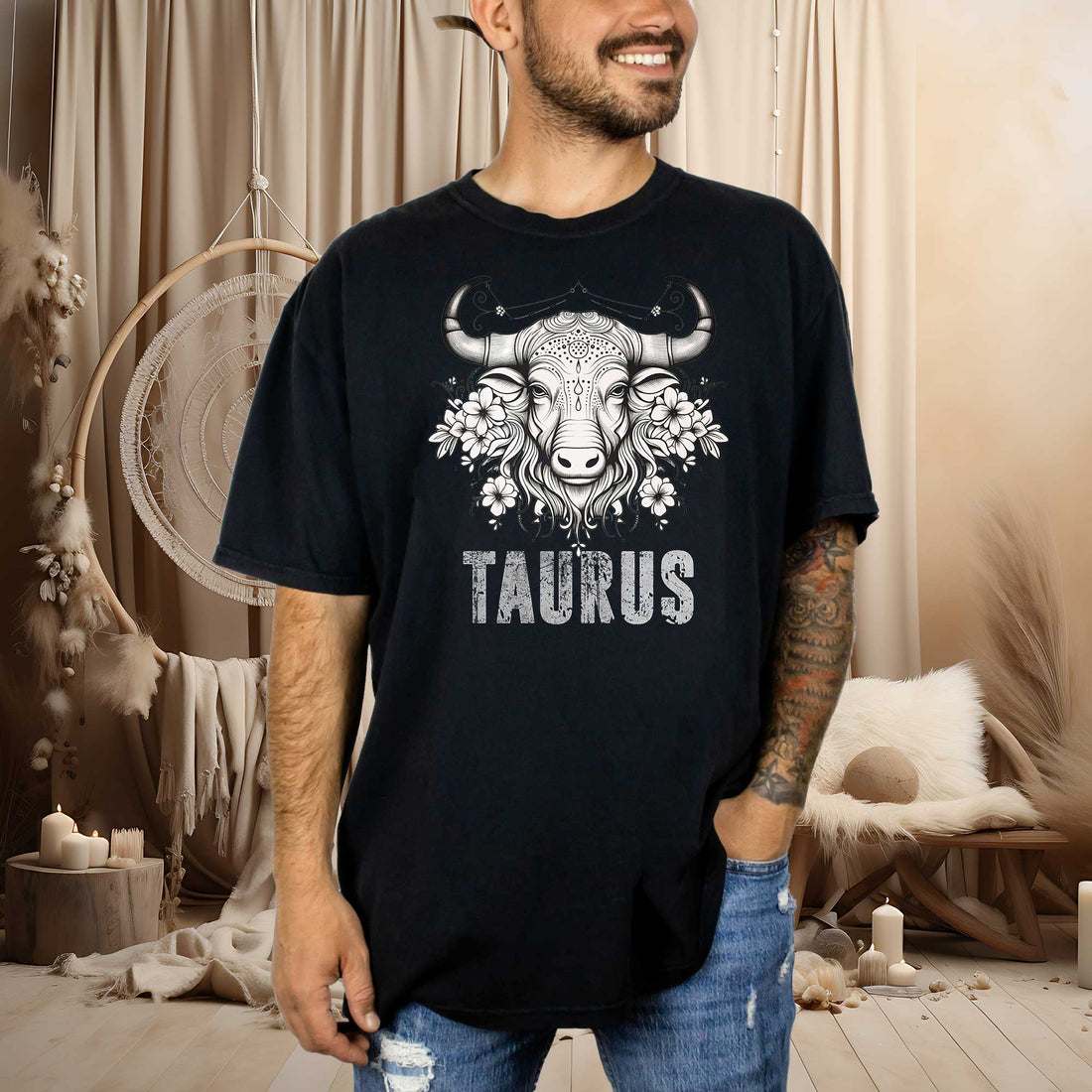 male model wearing a black taurus tee