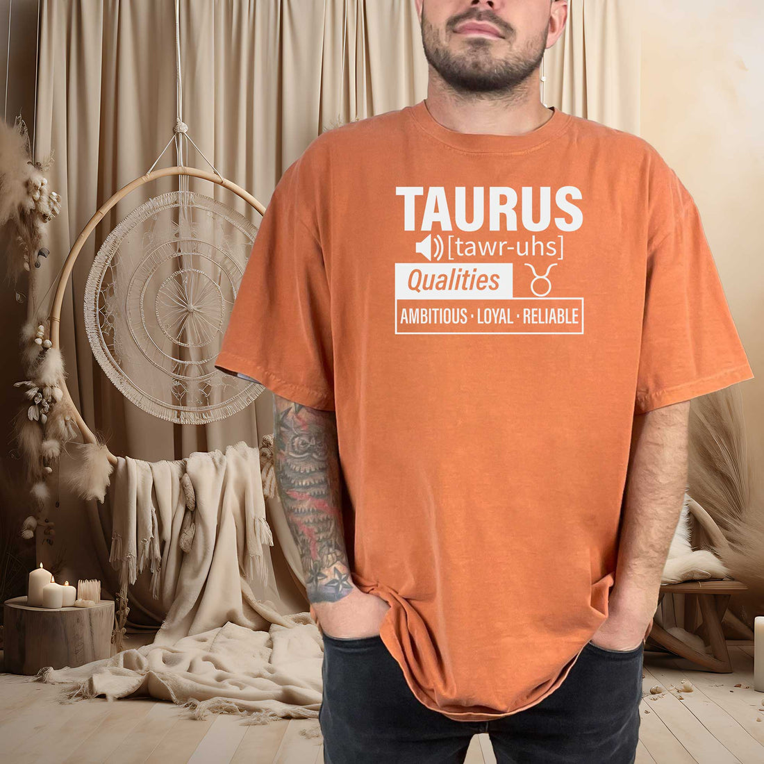 model wearing blue spruce Taurus Traits Tshirt