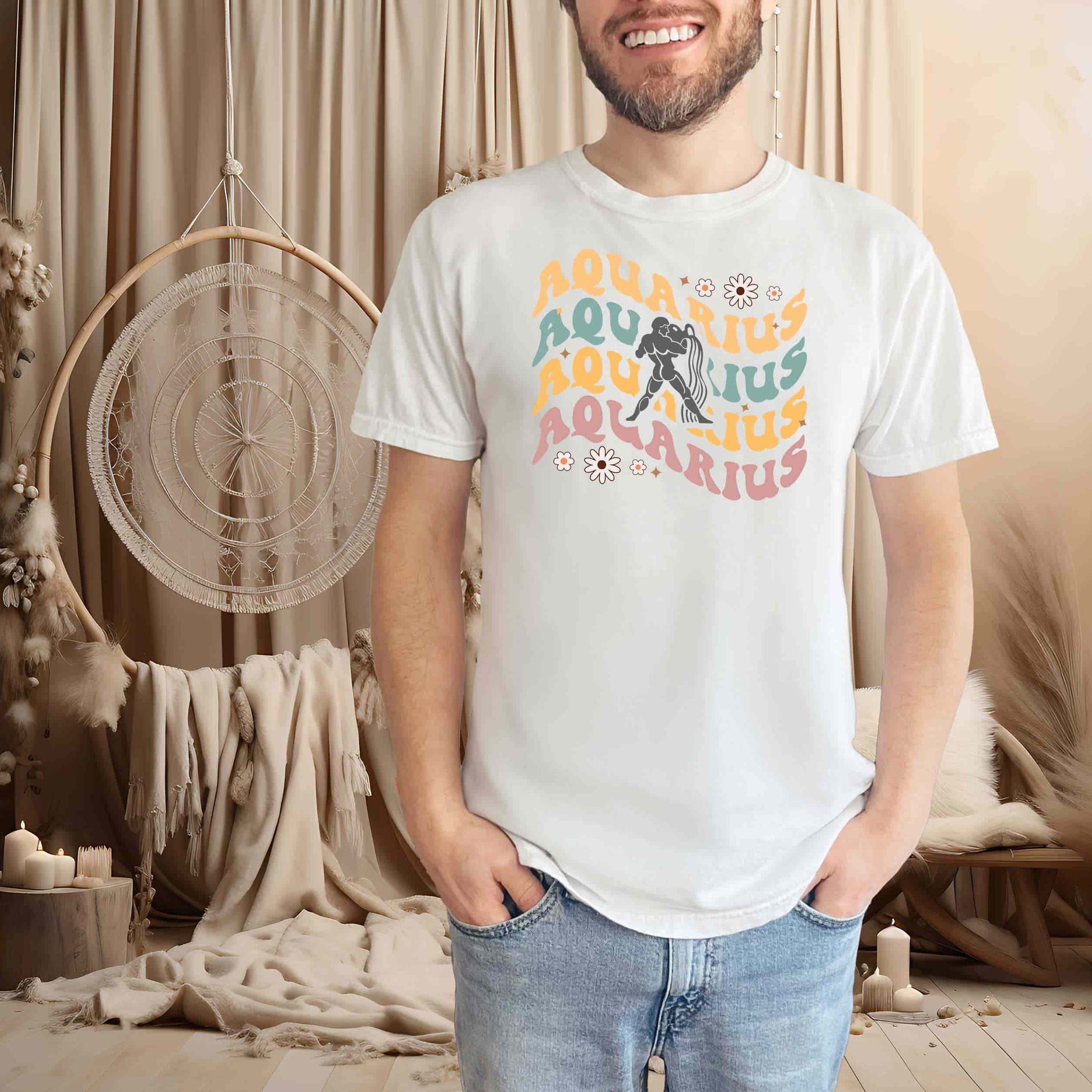 man model wearing zodiac aquarius sign tshirt