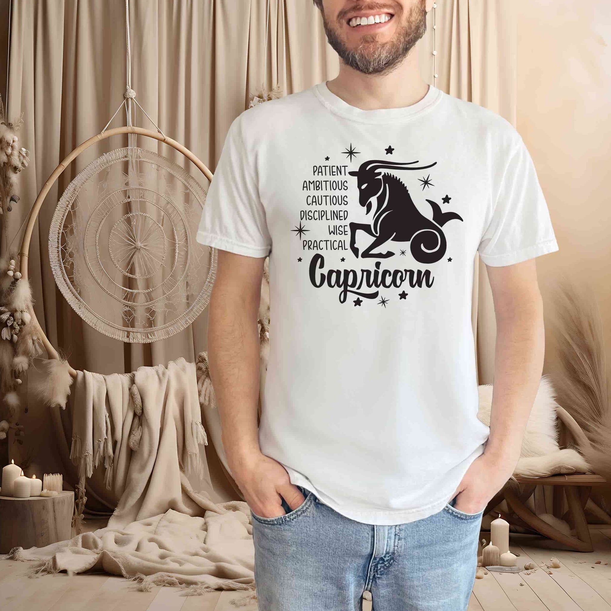 man wearing a Capricorn Tshirt