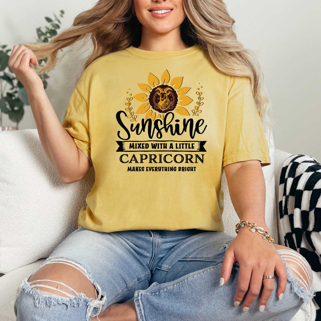 model wearing a sunshine capricorn tee