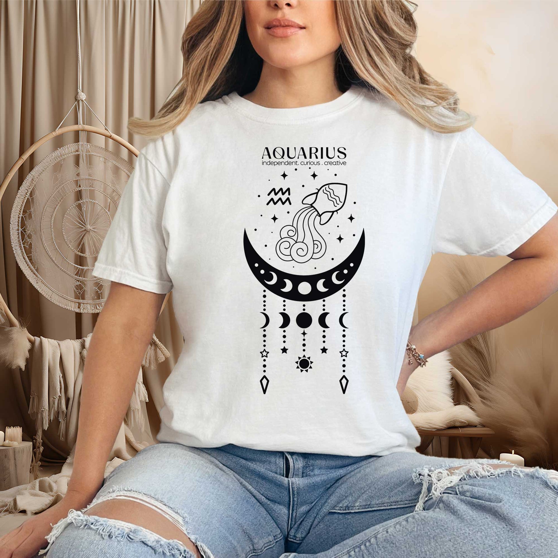 model wearing a white Aquarius Zodiac Sign tshirt