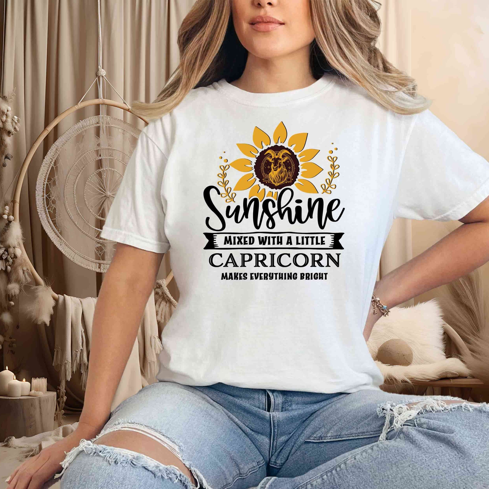 model wearing a white capricorn tee