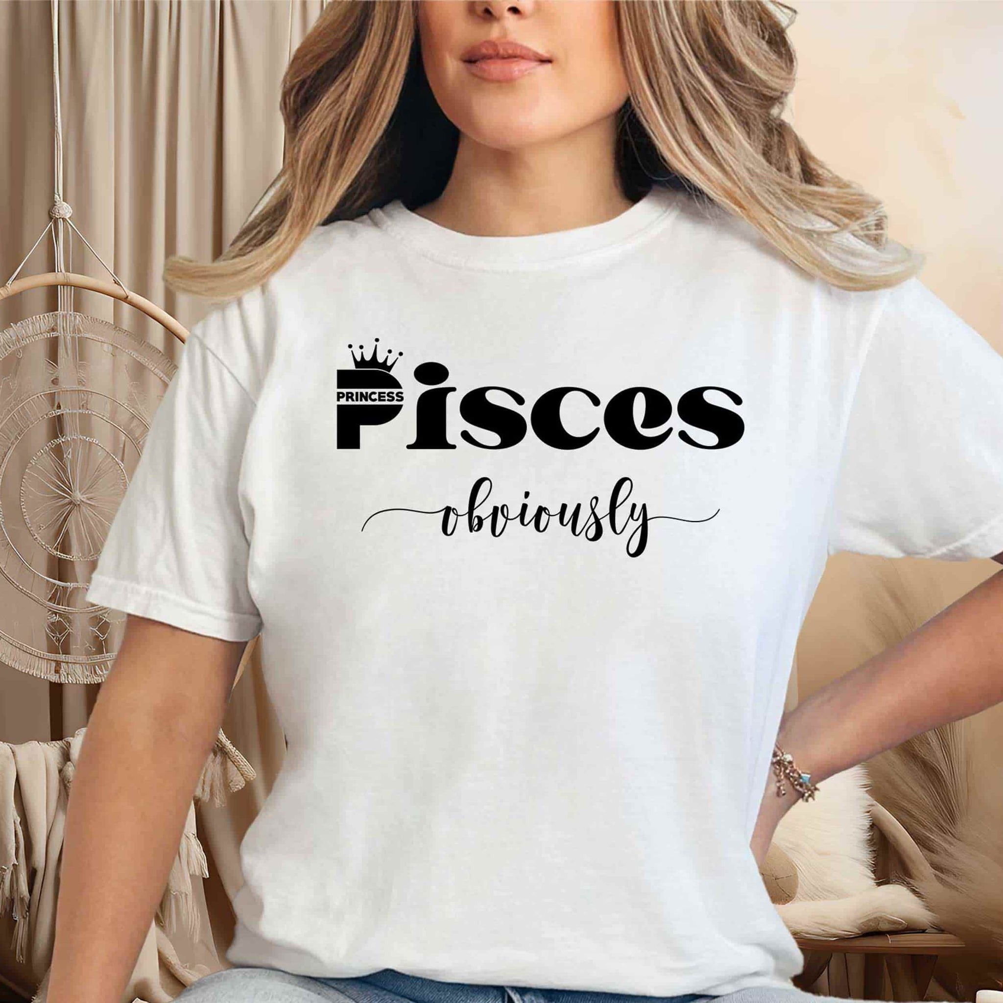 model wearing a white pisces shirt