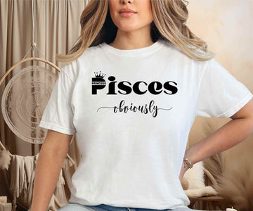 model wearing a white pisces shirt