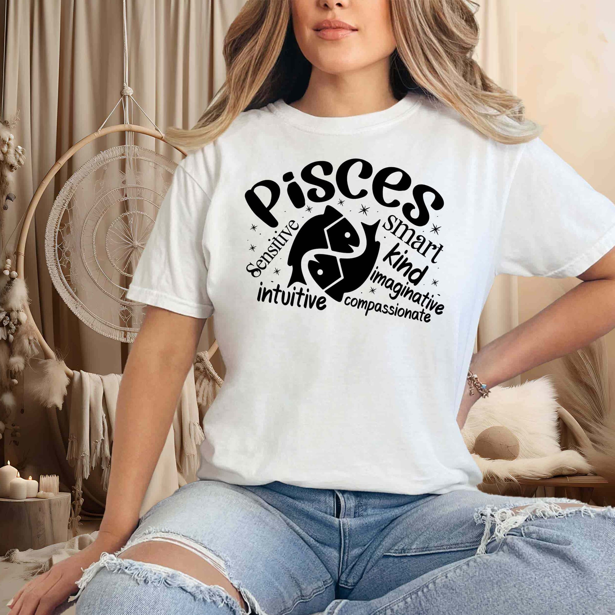 model wearing a white pisces tee