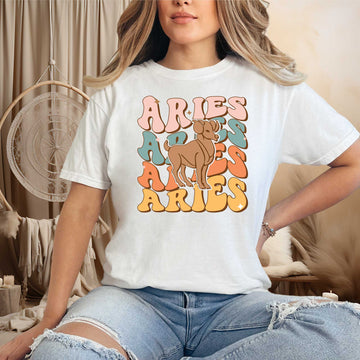 model wearing a white Retro Aries Zodiac Shirt