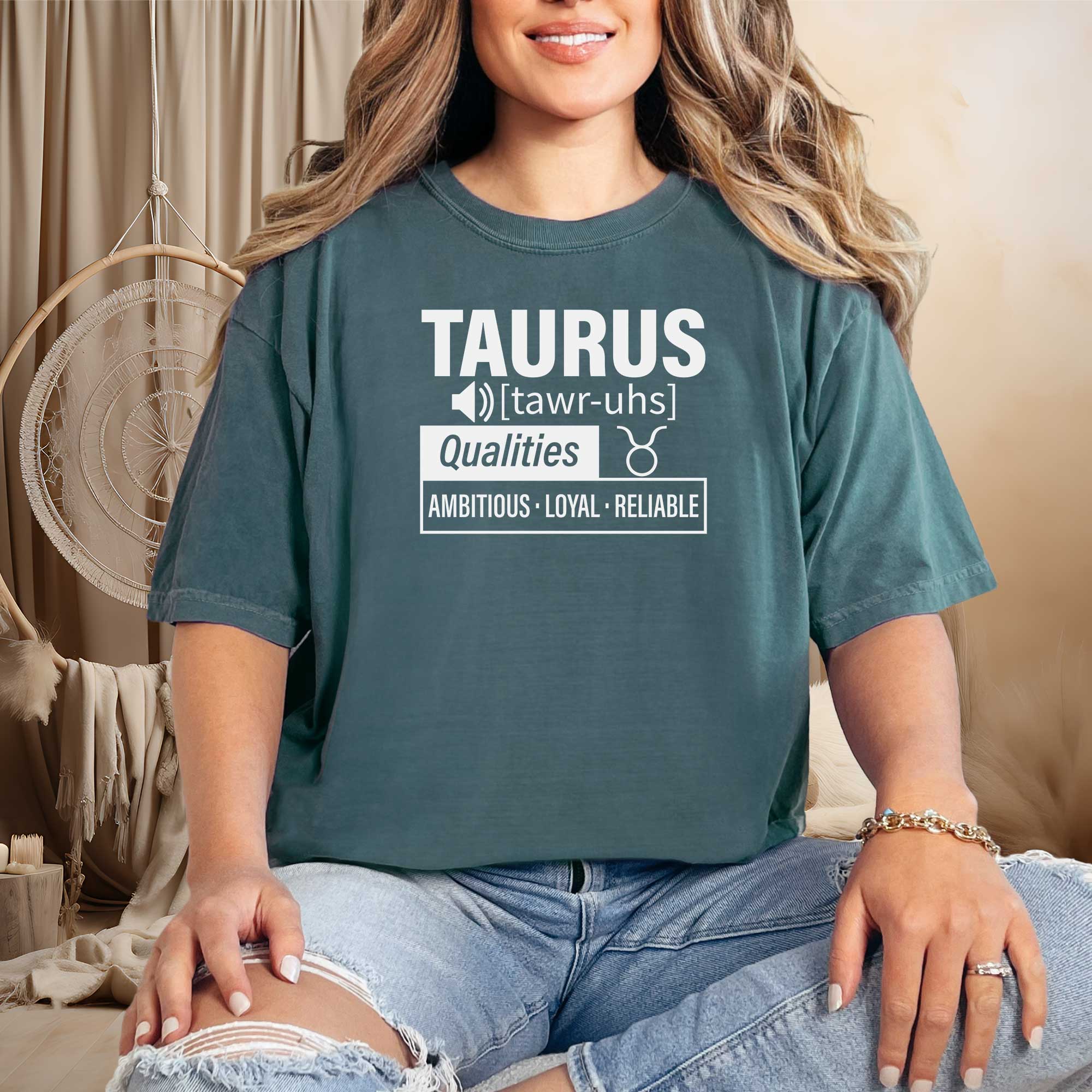 model wearing blue spruce Taurus Traits Tshirt