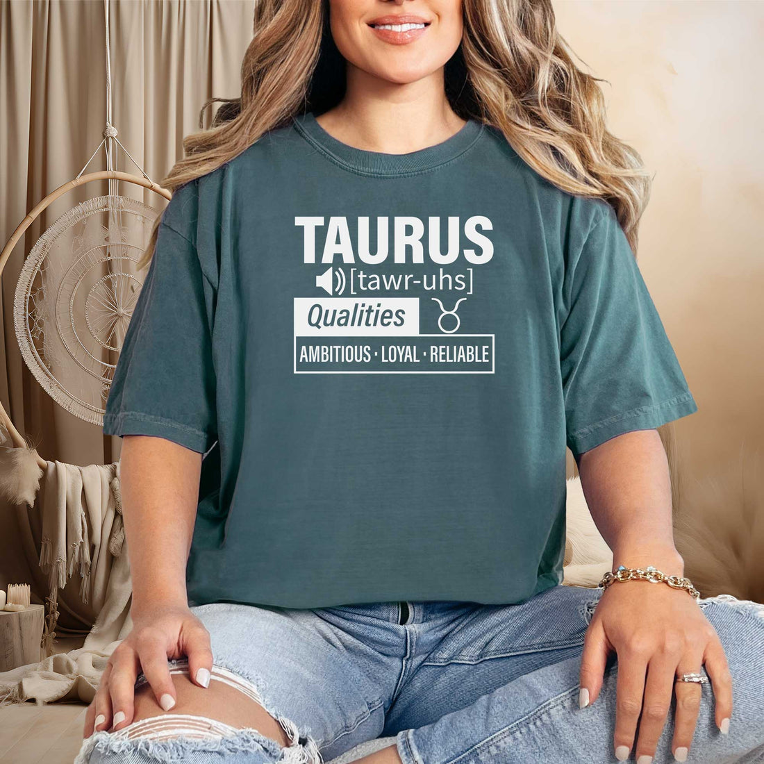 model wearing blue spruce Taurus Traits Tshirt