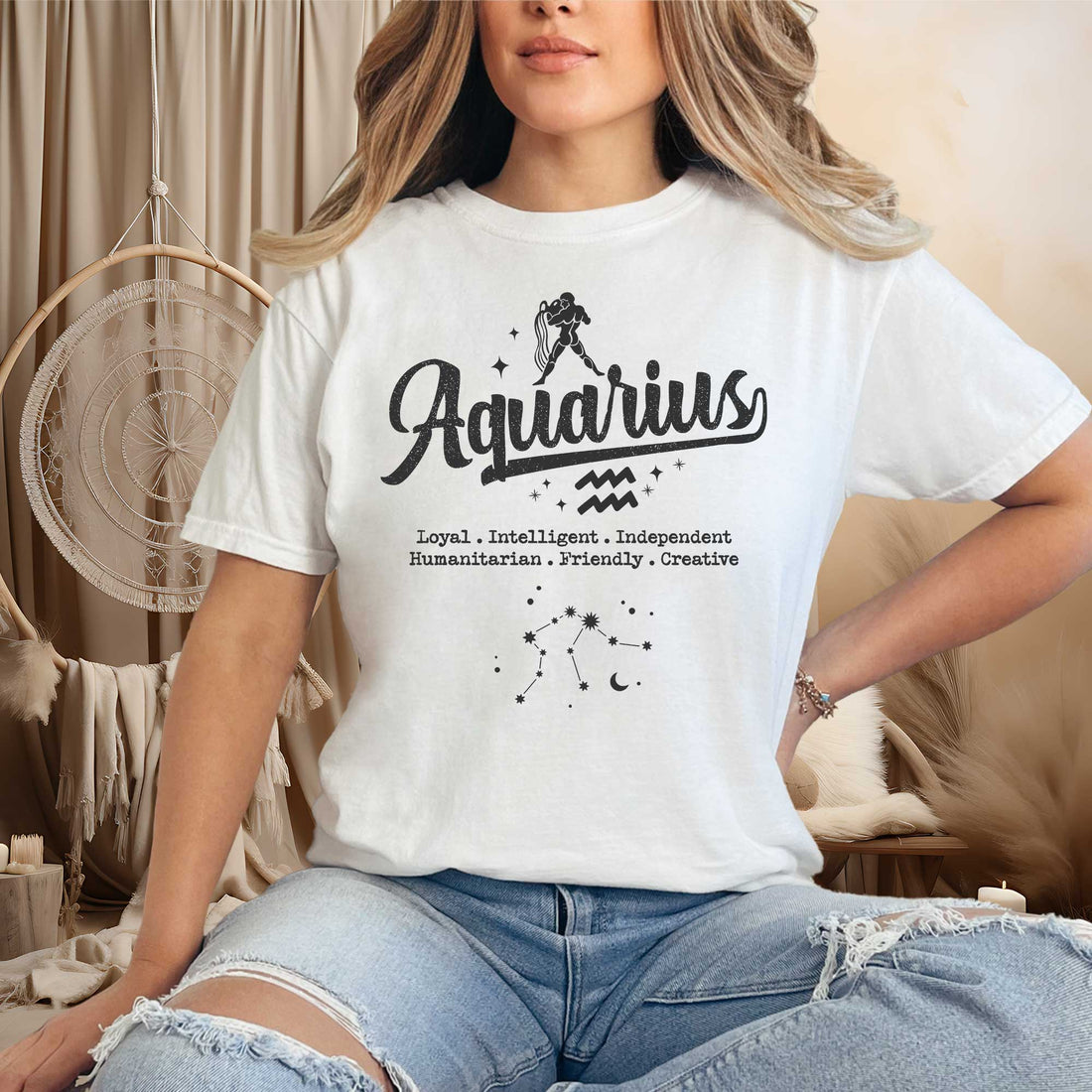 model wearing the aquarius traits tshirt