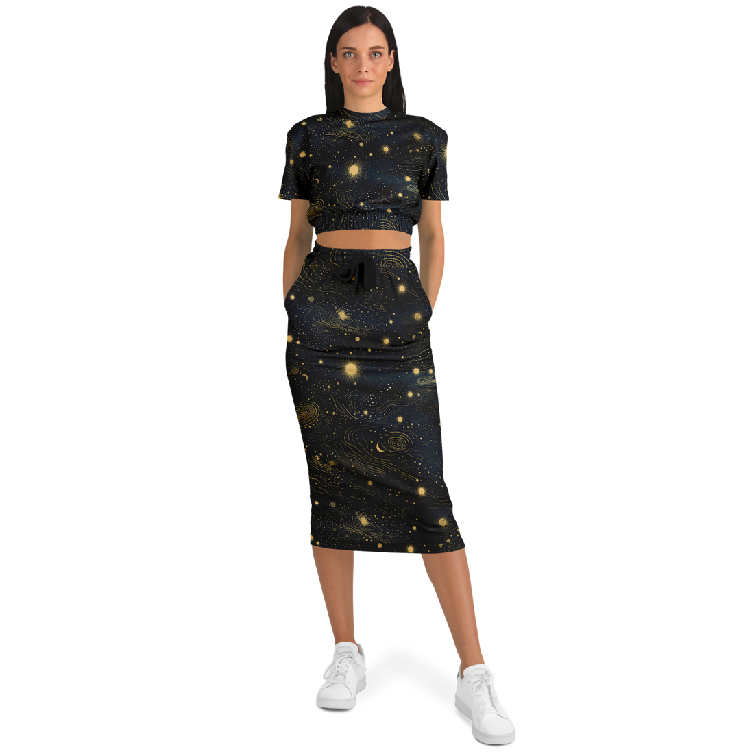 Celestial Nebula Fashion Cropped Short Sleeve Sweatshirt and Long Pocket Skirt Set