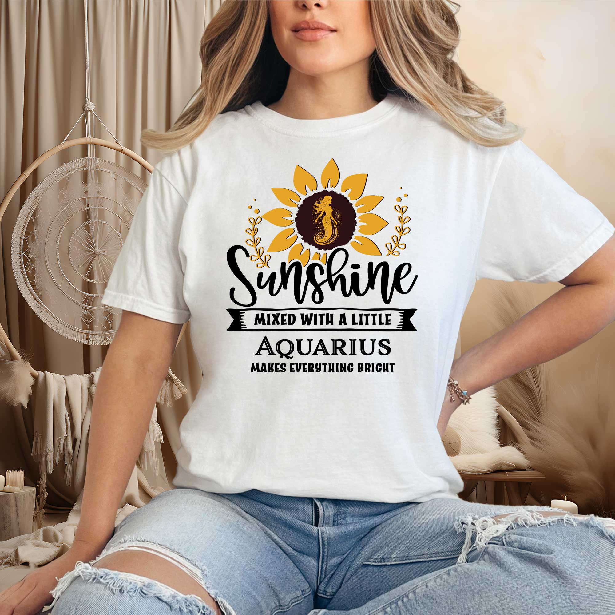 model wearing Zodiac Aquarius Sunflower Serenade Tee