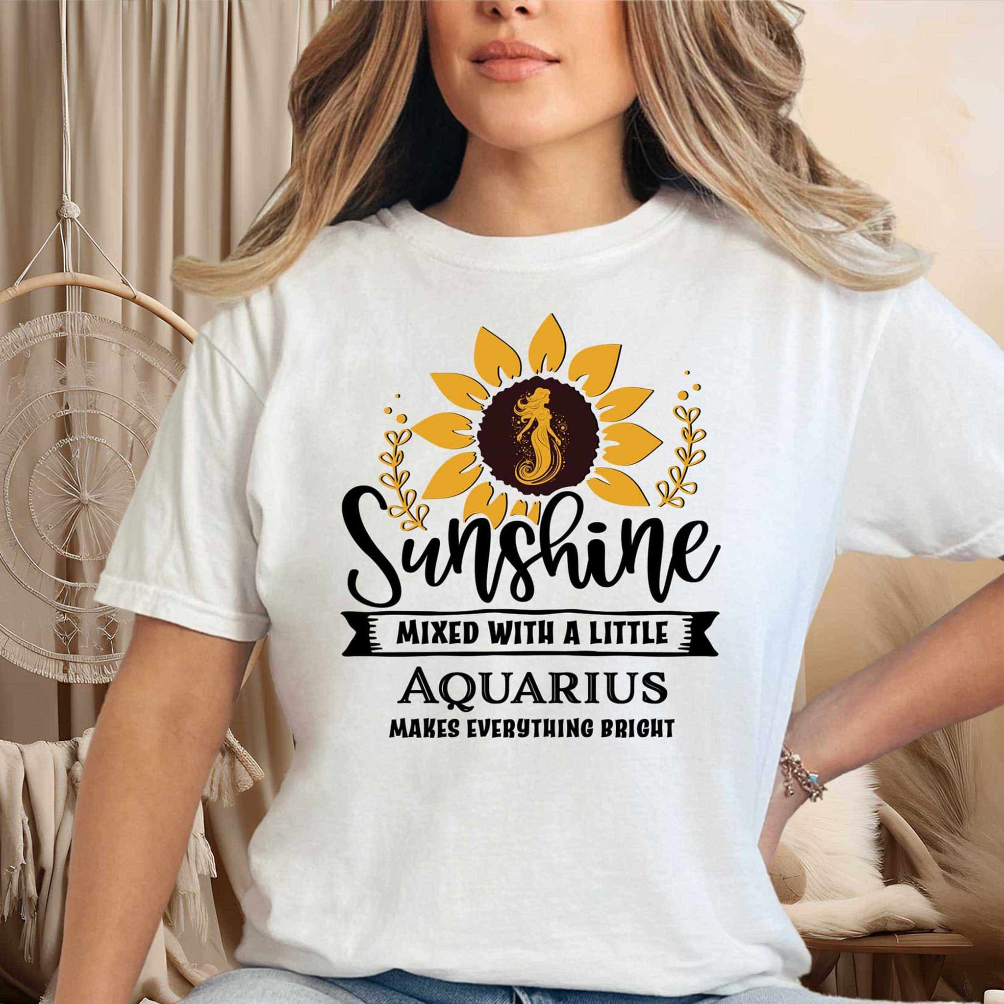 Model wearing a Zodiac Aquarius Sunflower Serenade Tee